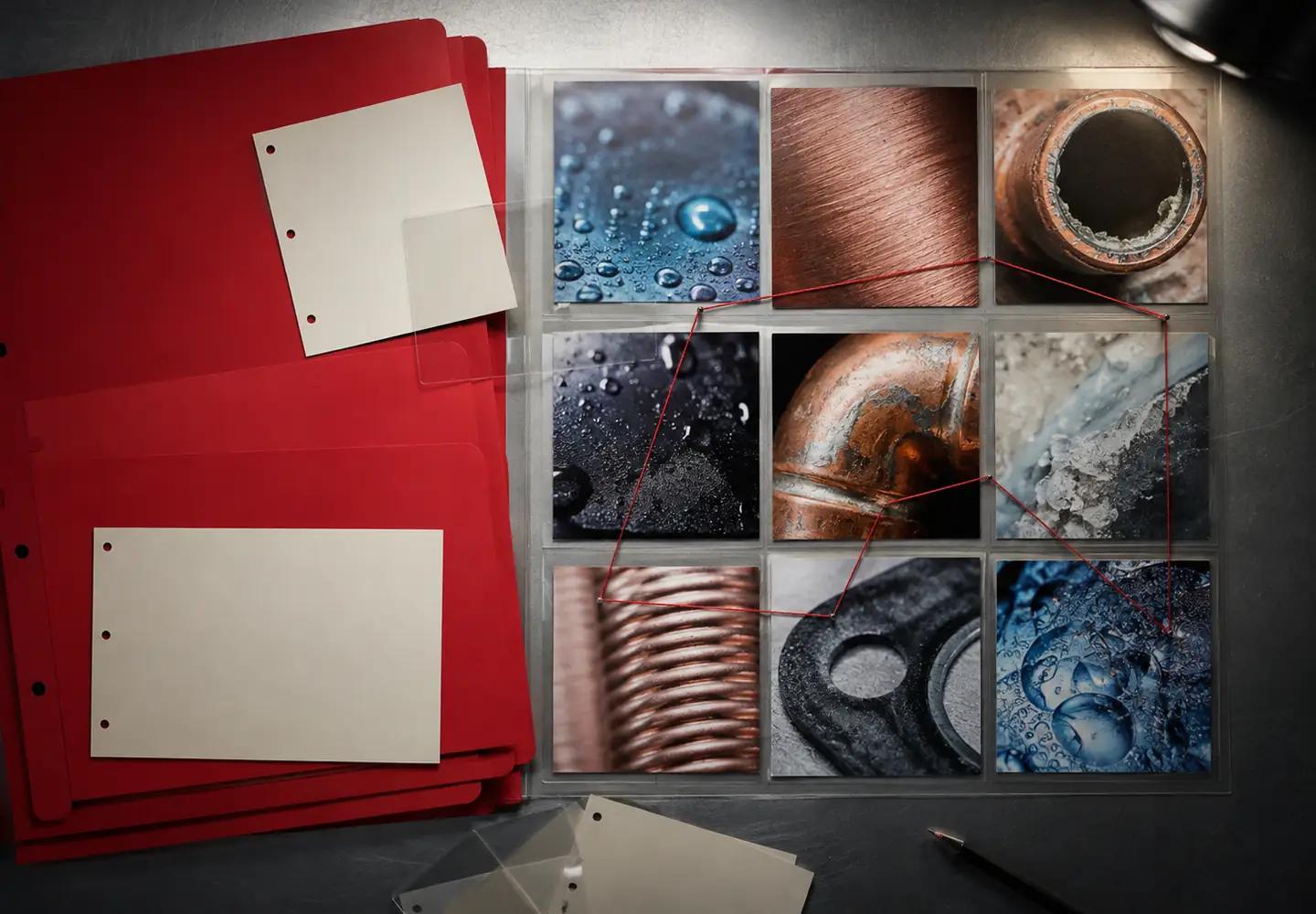 Carpeta roja con tarjetas en blanco y fotografías macro de agua, cobre y uniones como archivo de observación